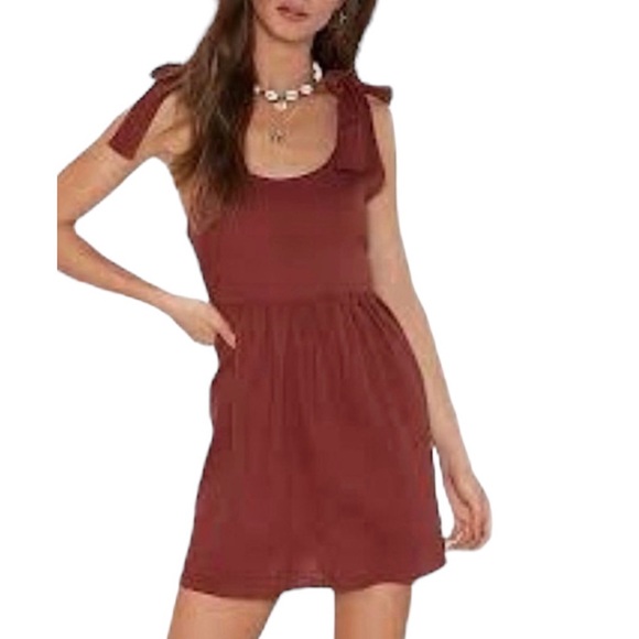 PacSun Lottie Moss Linen Bow Shoulder Babydoll Fit & Flare Mini Dress Small Red - Picture 4 of 15